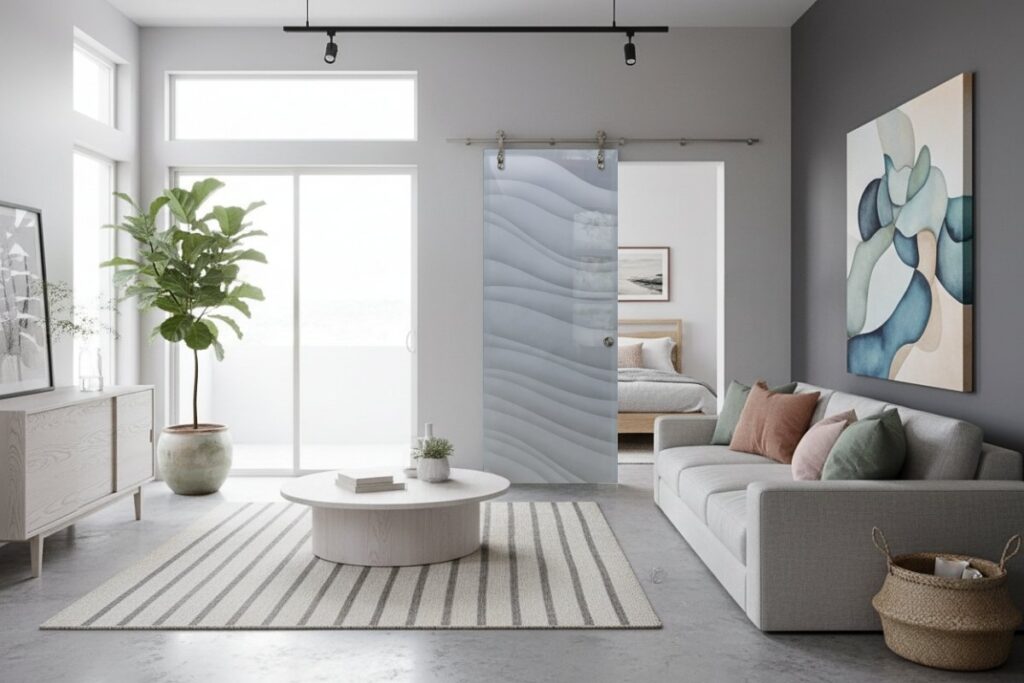 Tempered glass barn door handcrafted by Sans Soucie Art Glass