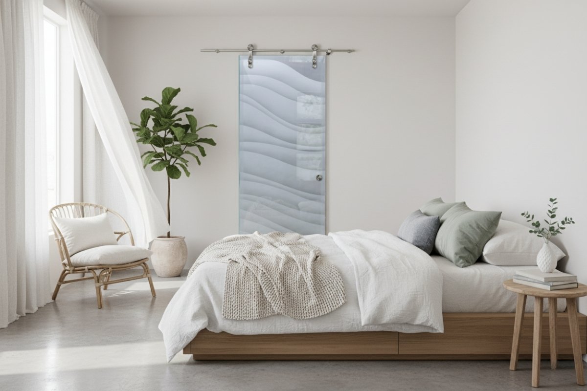 Private frosted glass barn door in a minimalist bedroom, showcasing Sans Soucie&rsquo;s custom privacy glass craftsmanship.