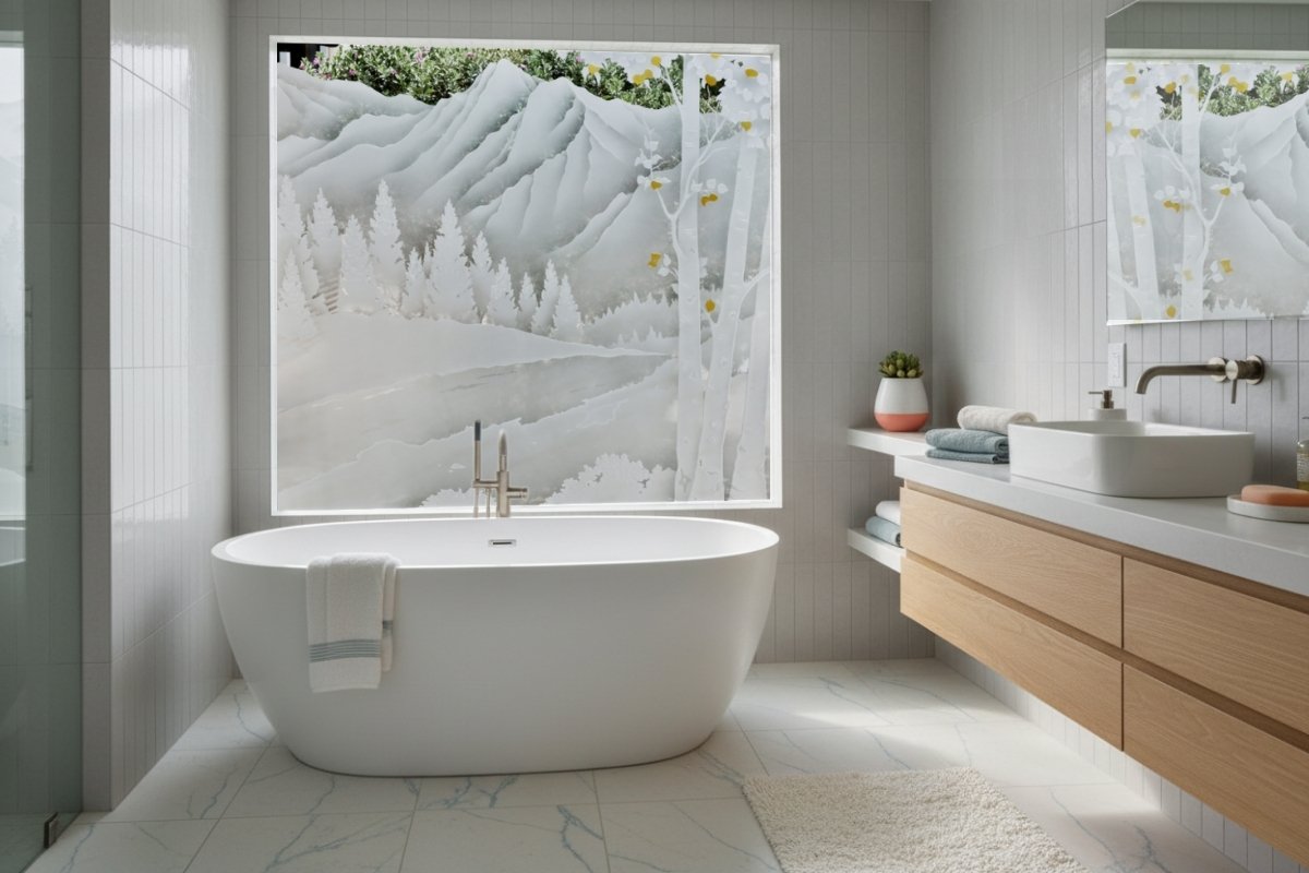 Creative fixed window ideas for every room featuring a frosted glass window with decorative window glass design by Sans Soucie Art Glass