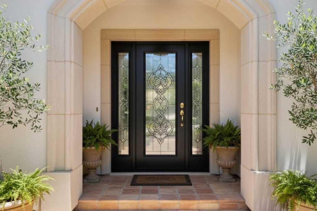 Beveled glass front door with sidelights