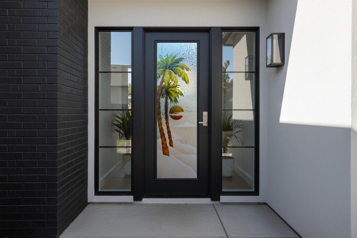 Handcrafted, high-quality black front door with glass featuring a custom painted palm tree and sunset design, creating a durable and artistic modern exterior entryway.