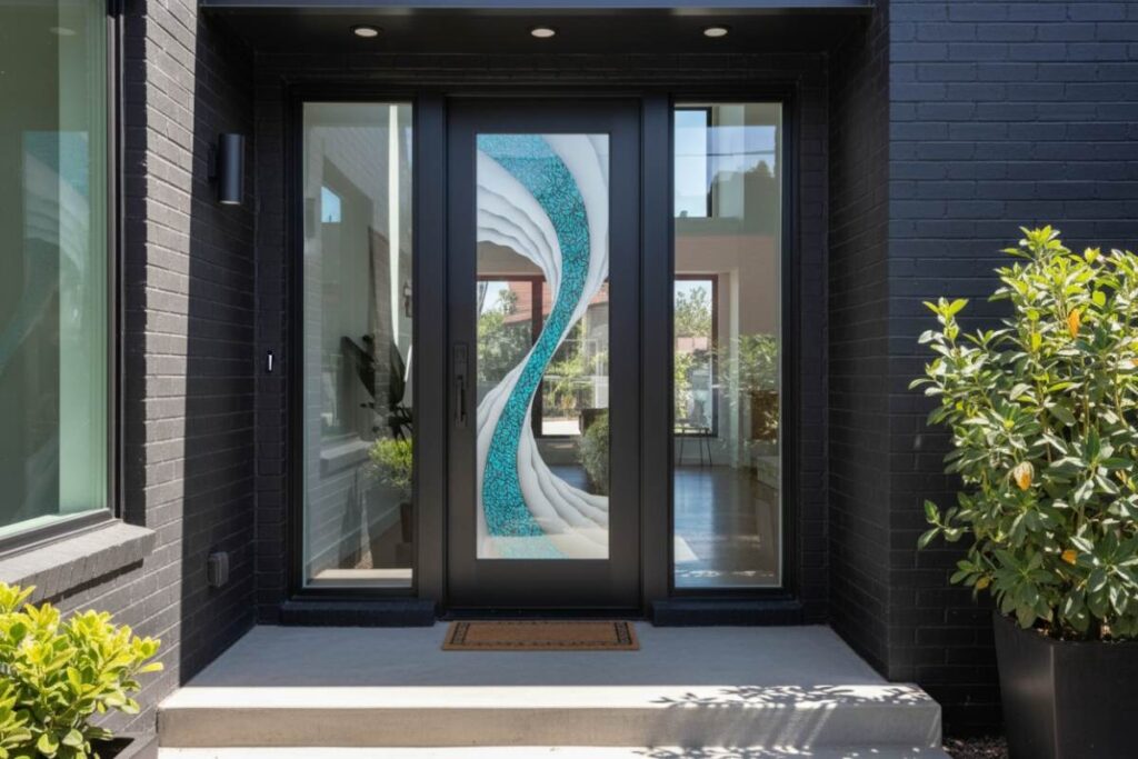 Cyclone Blue design frosted glass front door