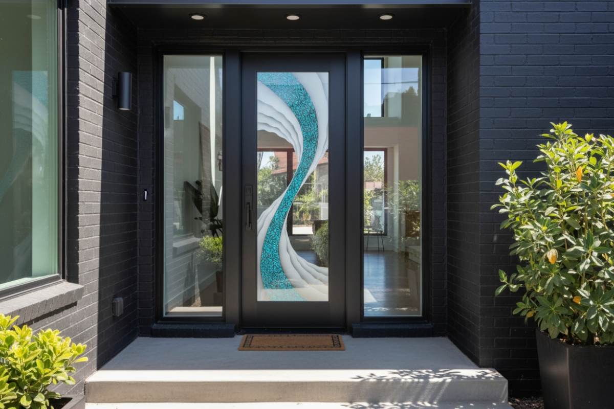 Modern black front door with glass featuring a flowing blue and white abstract design, framed by black brick walls and greenery.