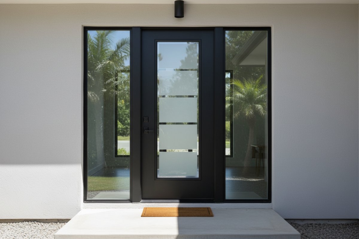 Handcrafted, custom modern black front door with glass panels and frosted stripe accents, a professionally made durable entry door framed by palm trees and natural light.