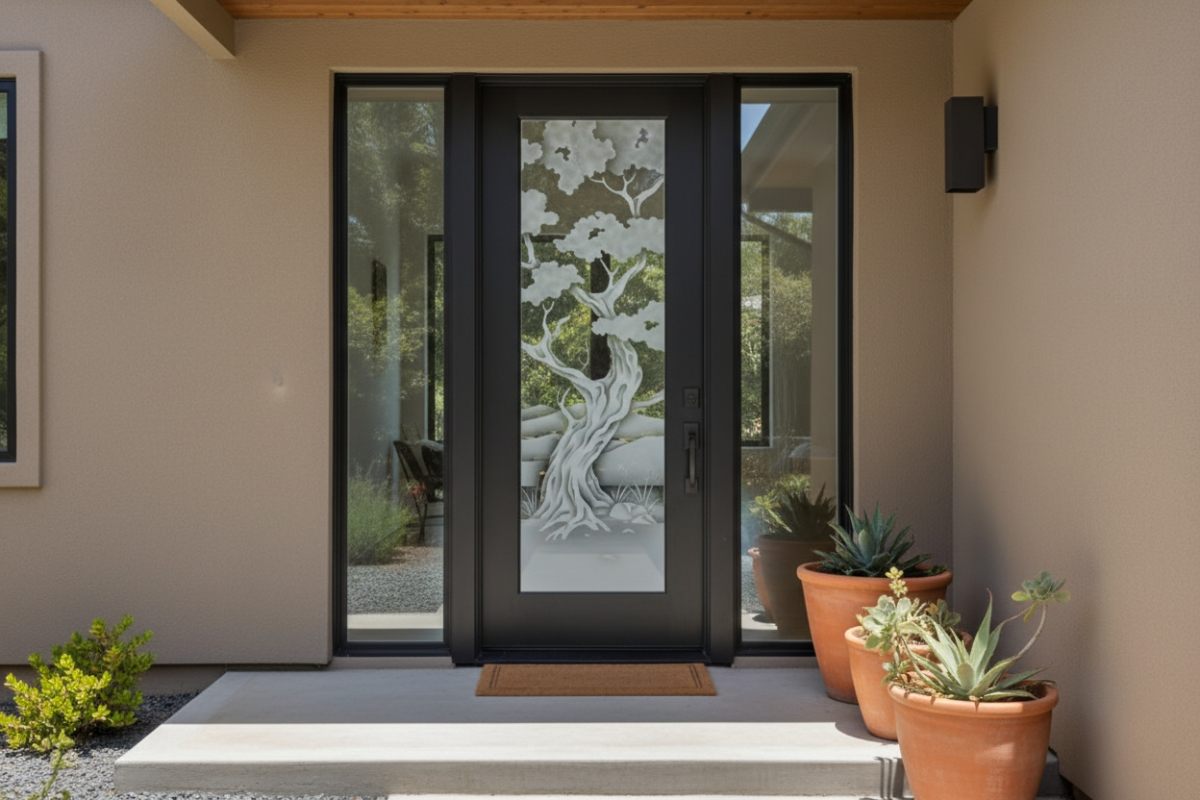 Modern black front door with glass featuring a carved bonsai tree design, framed by sleek sidelights and surrounded by potted succulents in a contemporary entryway.