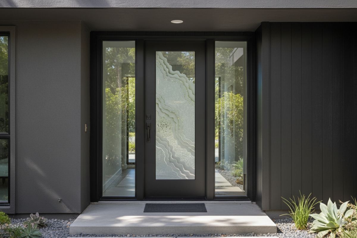 Durable, professionally made black modern front door with glass featuring a custom Metamorphosis etched design, a handcrafted high-quality entry that enhances a contemporary exterior.