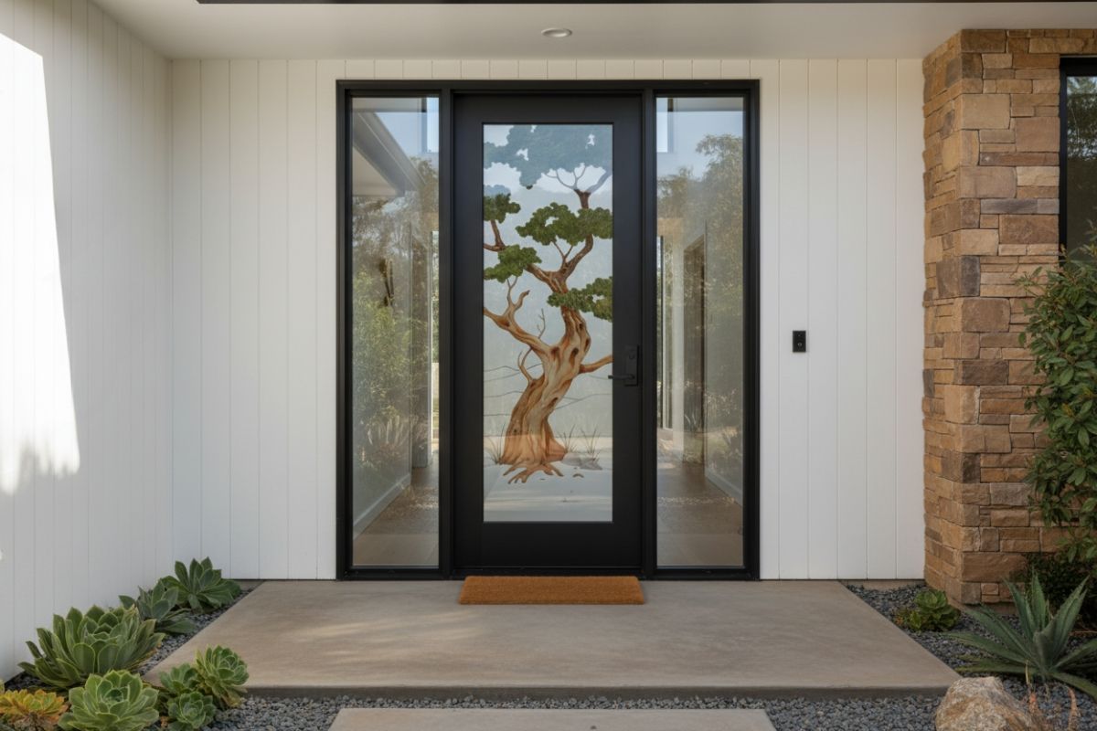 Handcrafted, high-quality black modern front door with glass featuring a custom painted bonsai tree design, creating a durable and artistic focal point for the home&rsquo;s exterior.