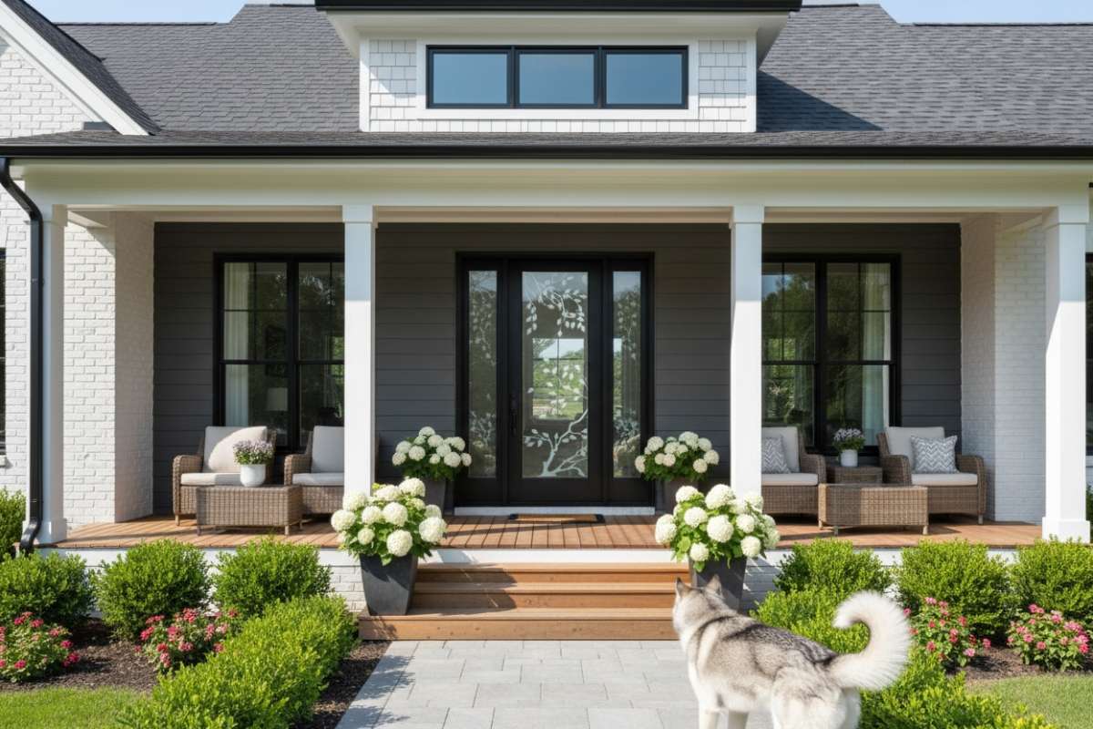 Black front door with glass featuring a carved design, a durable handcrafted modern entry built for elegance and privacy. The modern farmhouse-style porch is decorated with wicker seating, blooming white flowers, and a husky dog standing on the walkway.