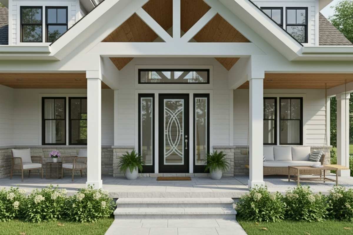 Handcrafted, durable black front door with glass panels featuring a custom circular etched pattern, professionally made to complement a modern farmhouse-style porch entry.