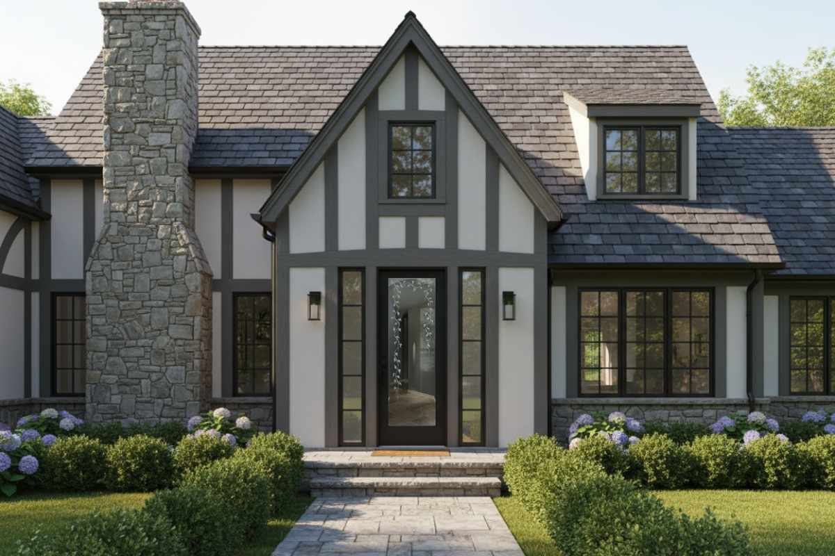 Custom, professionally made black exterior front door with glass showcasing elegant vine etching, a durable and handcrafted centerpiece for a Tudor-style home.