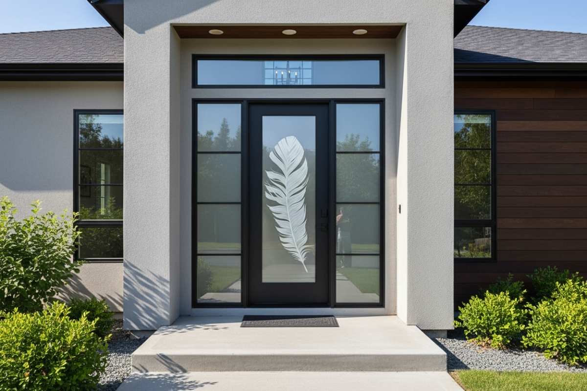 Trendy modern black front door with glass panels featuring a custom feather design, professionally made for a stylish exterior entryway.
