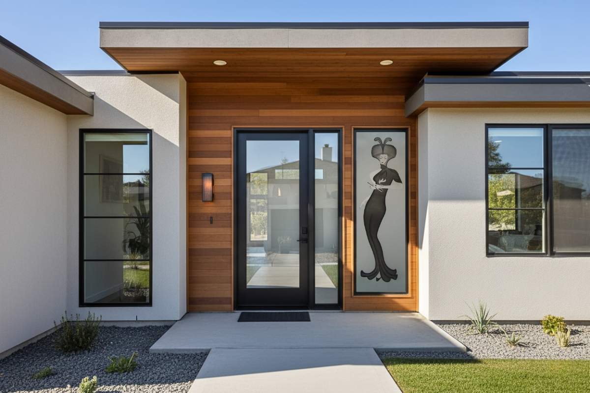 Modern home exterior with a black front door and frosted glass sidelight featuring an artistic etched design of a woman in a flowing gown.