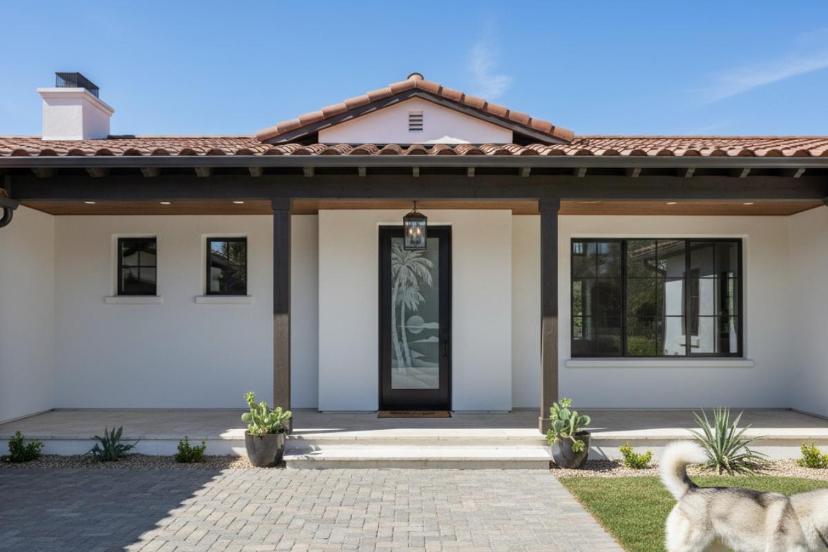 Handcrafted, durable black modern front door with glass panels showcasing a palm tree design, a professionally made black exterior front door set in a modern white home with a husky dog outside.