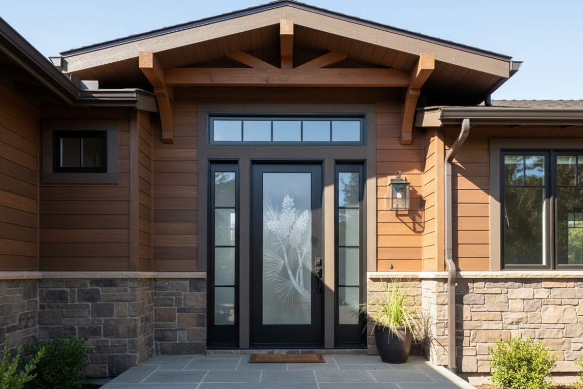 Rustic home with stone and wood siding featuring a modern black exterior front door with frosted pinecone glass design.