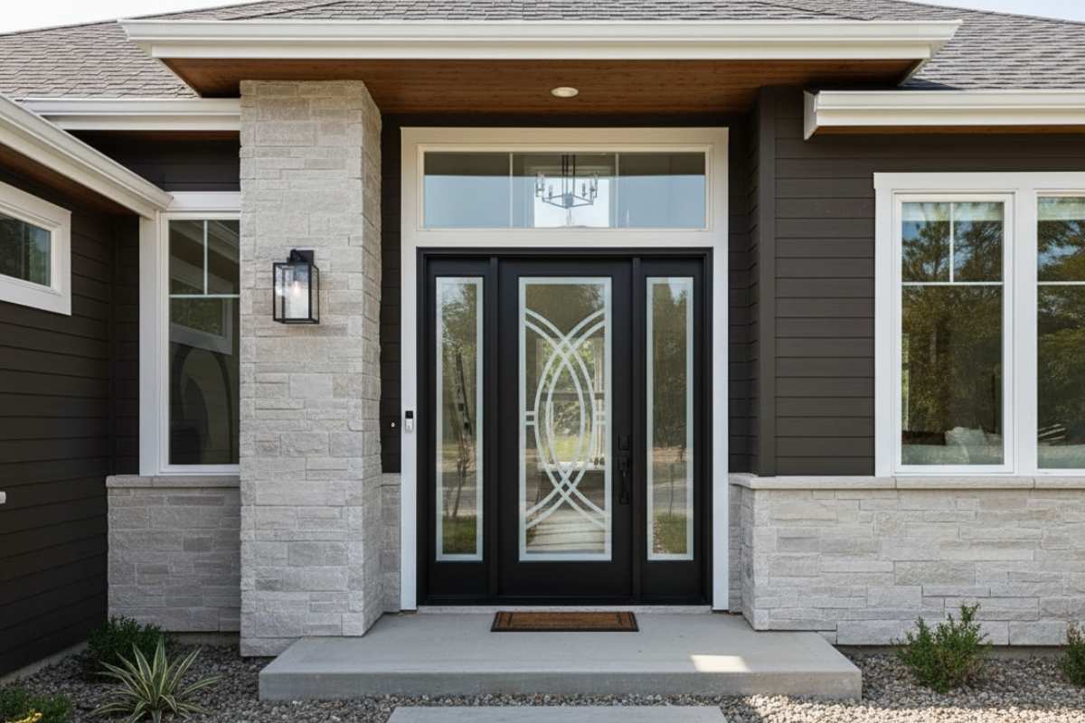 black front door with balanced symmetry glass design, modern glass door 