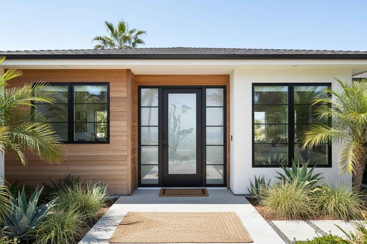 Handcrafted, high-quality black front door with glass showcasing a custom etched sea life design, professionally made to create a durable and artistic coastal-style entryway.