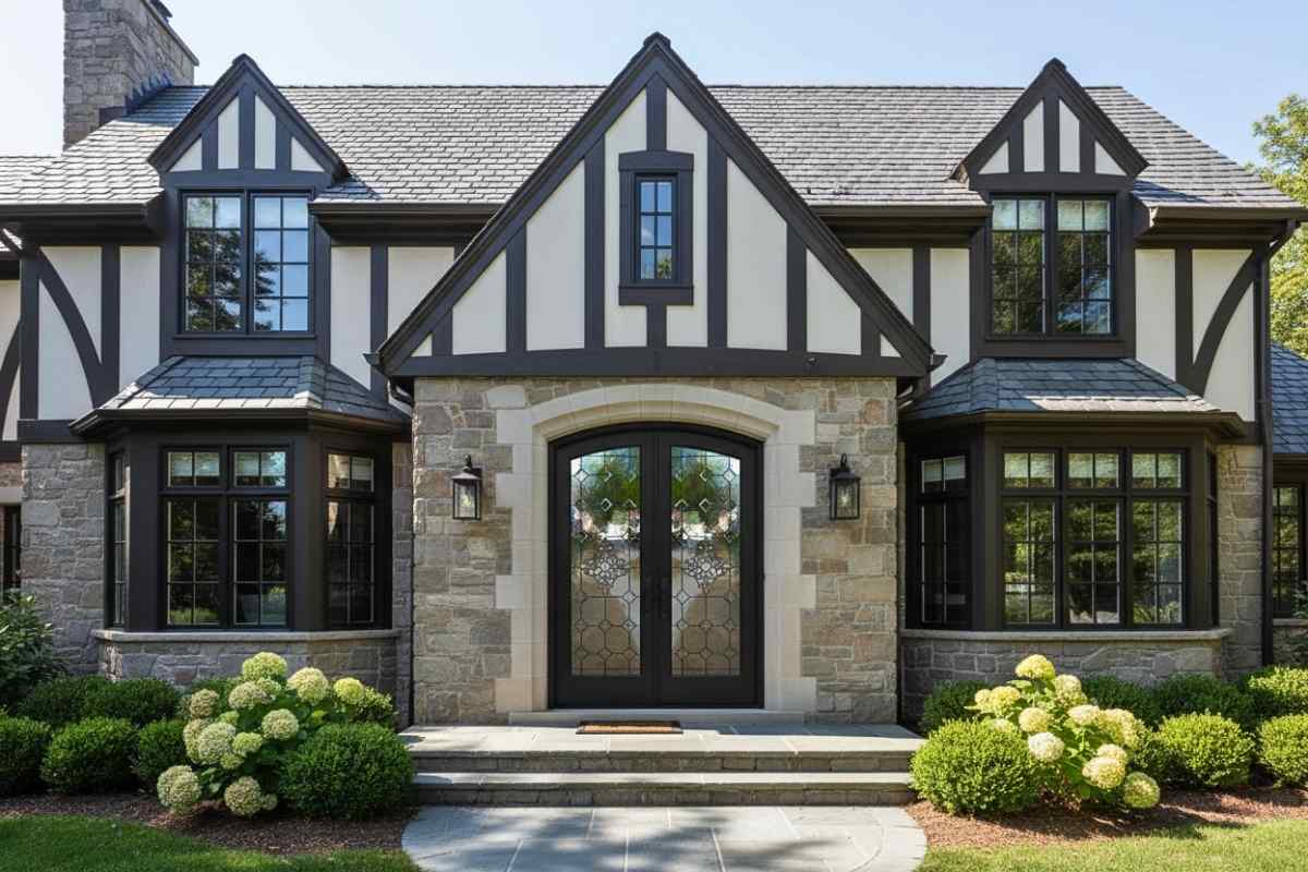 Custom, professionally crafted black double front doors with glass and beveled detailing, a high-quality durable entry for a stone Tudor-style home.