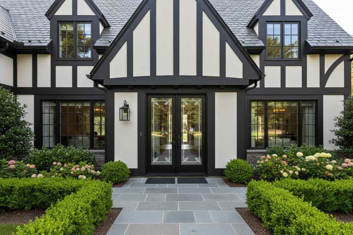 Professionally made, handcrafted black modern front doors with glass, featuring delicate etched floral patterns that create a durable and elegant entryway for a Tudor-style home.
