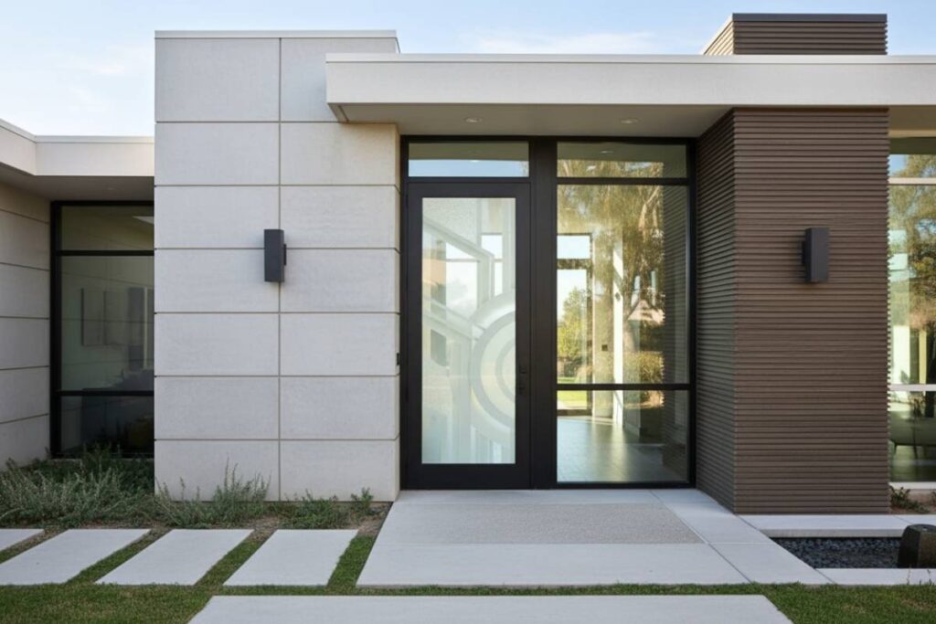 Modern glass front door with Sun-inspired etched glass design