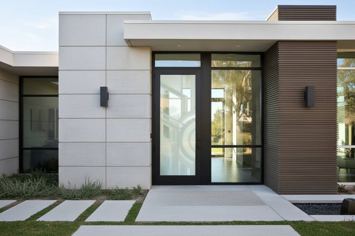High-quality, professionally crafted modern black exterior door with glass, featuring a custom geometric etched design for a sleek contemporary entryway.