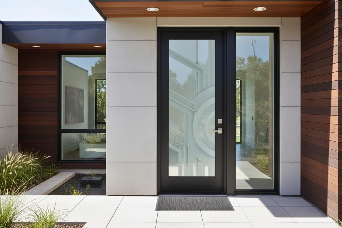 A sleek entry framed by natural wood siding and concrete details creates a warm modern look. Modern black exterior door with frosted glass geometric design, framed by a clean stucco and wood entryway.