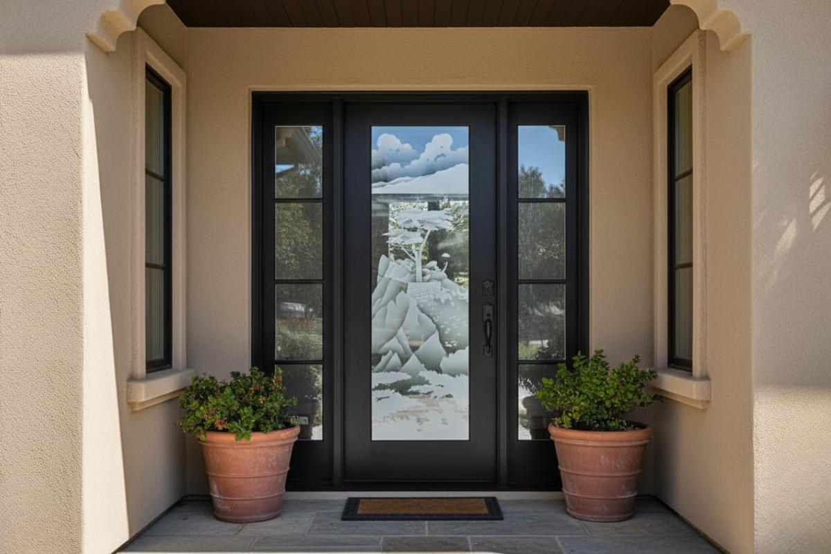 Black front door with glass featuring a carved cypress tree design on a modern stucco home entryway.
