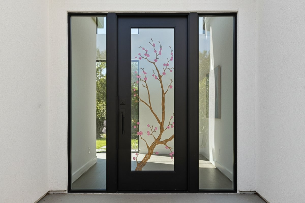 Handcrafted, high-quality black steel front door with glass featuring a painted cherry blossom design, a durable modern black front door that adds elegance to a minimalist entryway.