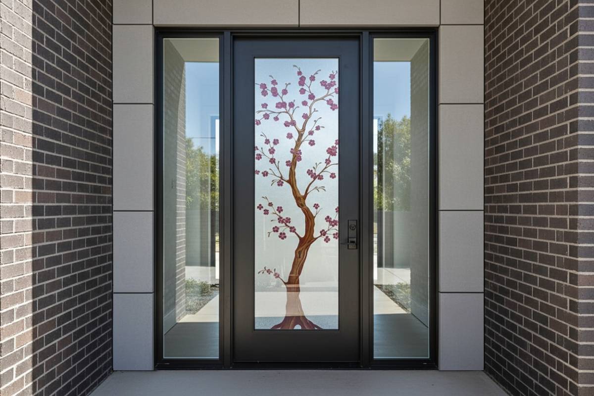 High-quality, handcrafted black exterior front door with glass panels and a custom cherry blossom design, a professionally made black modern front door that adds elegance to a brick home facade.