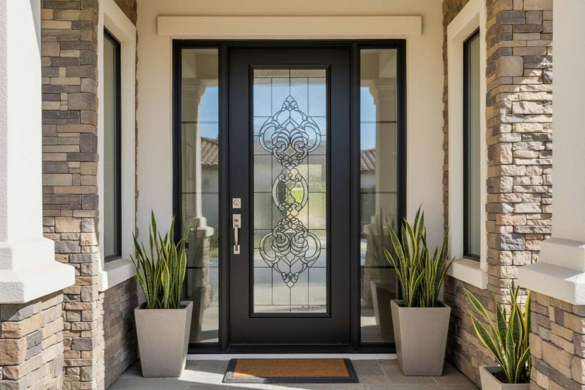 Professionally made black front door with glass panels and ornate beveled detailing, a high-quality black and glass front door complete with modern hardware for a timeless entryway.