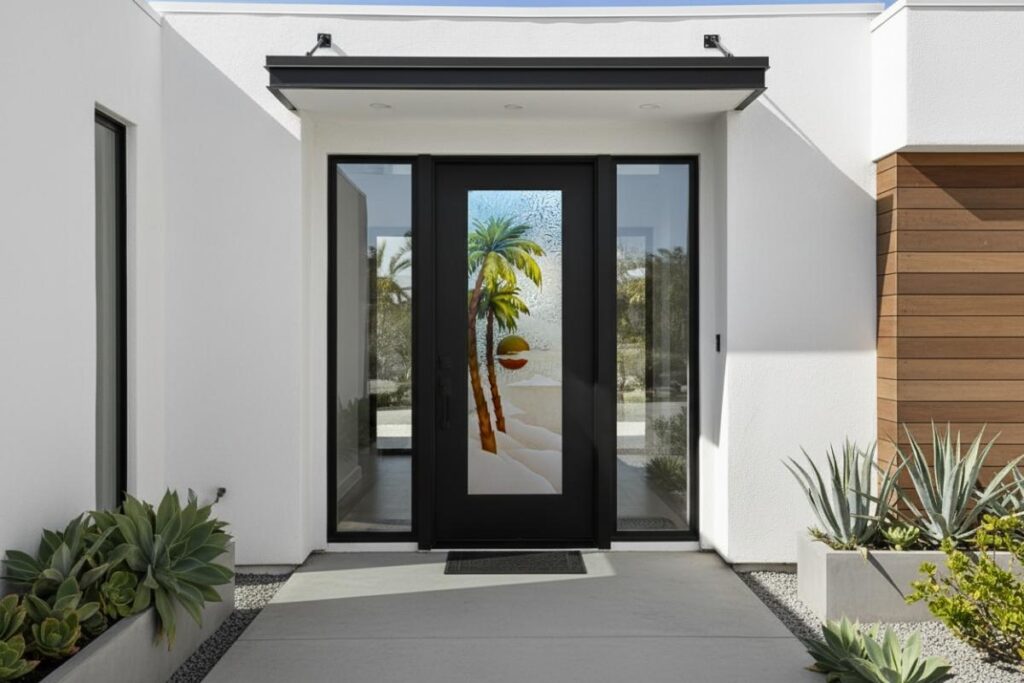 Decorative glass front door with painted palm trees and sunset beach scene.
