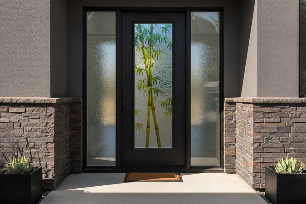 Black front door with glass showcasing a custom bamboo design, paired with textured side glass for privacy in a modern entryway.