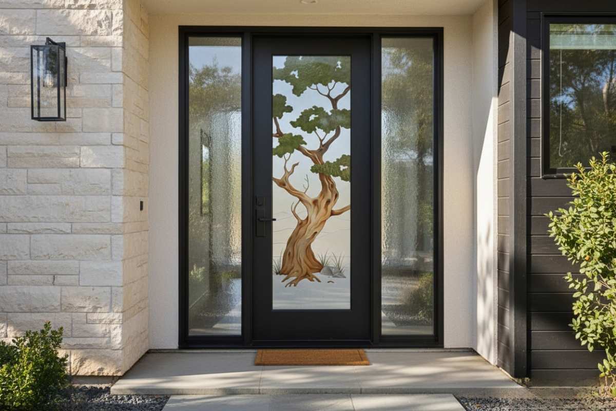 Custom glass front doors with sidelights, handcrafted to enhance curb appeal and natural light.