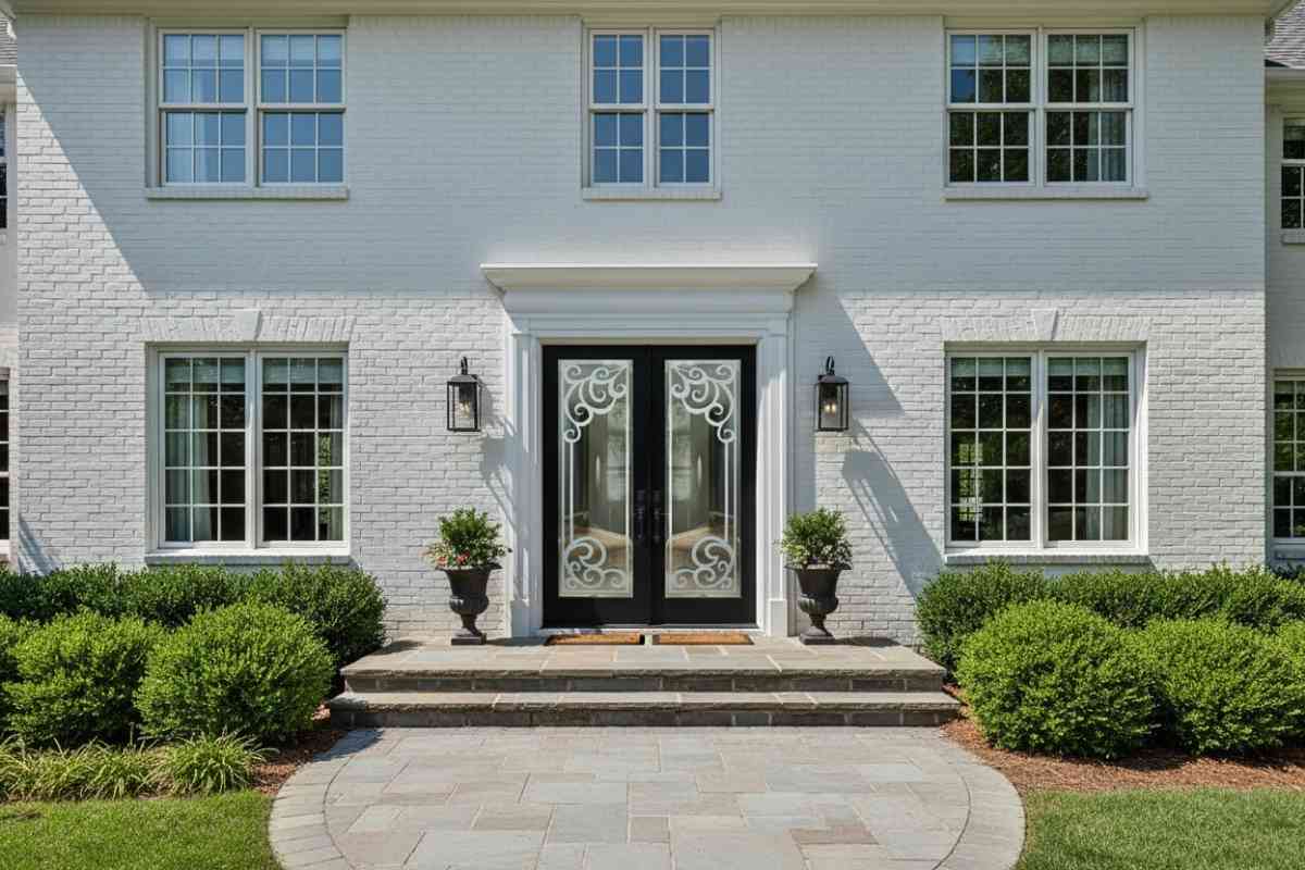 Custom, professionally made black double front doors with glass panels featuring intricate swirl etching, a durable black front door paint finish that enhances the charm of a white brick house.