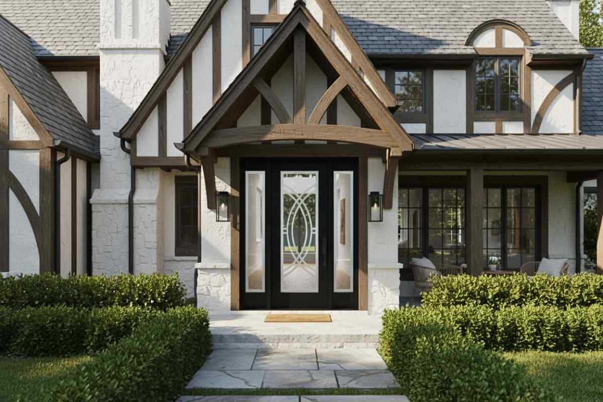Modern black exterior door with glass featuring an elegant frosted geometric design, framed by stone and wood accents in a contemporary home.