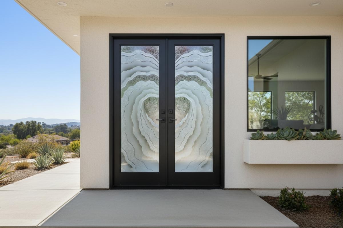 High-quality, custom black double front doors with glass featuring a Metacurl etched design, professionally made for a durable modern black exterior door that enhances the contemporary stucco home.