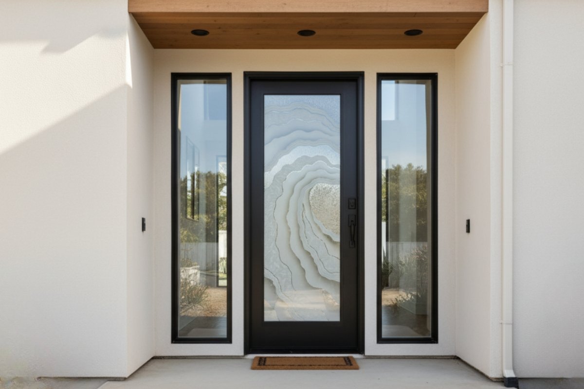 Front entry doors with sidelights, featuring frosted glass designs for added light and privacy.