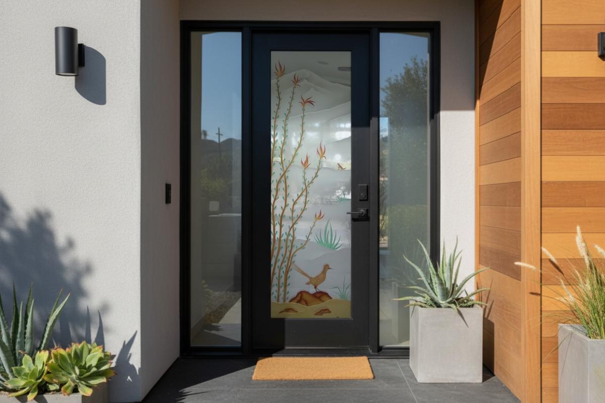 Custom black front door with glass featuring a desert roadrunner and ocotillo design, a durable black modern front door that complements the warm wood siding of a contemporary home.