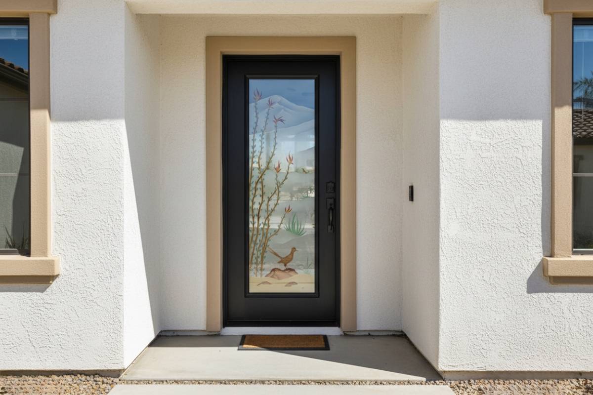 Modern black exterior door with frosted glass artwork of a roadrunner and desert plants framed by white stucco walls.