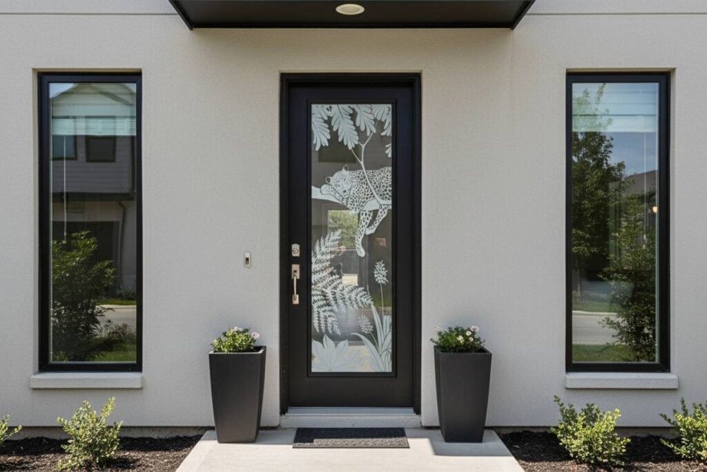 black etched glass front door with tropical cheetah and jungle foliage design