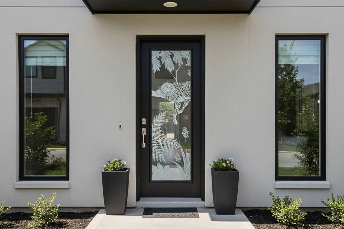 High-quality black exterior front door with glass etched in a cheetah design, a professionally made modern black front door that enhances the clean architectural lines of the home.