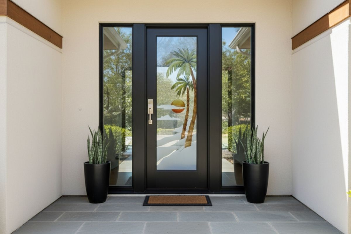 Decorative glass front door with sidelights, designed to create a welcoming, stylish, and functional entryway.