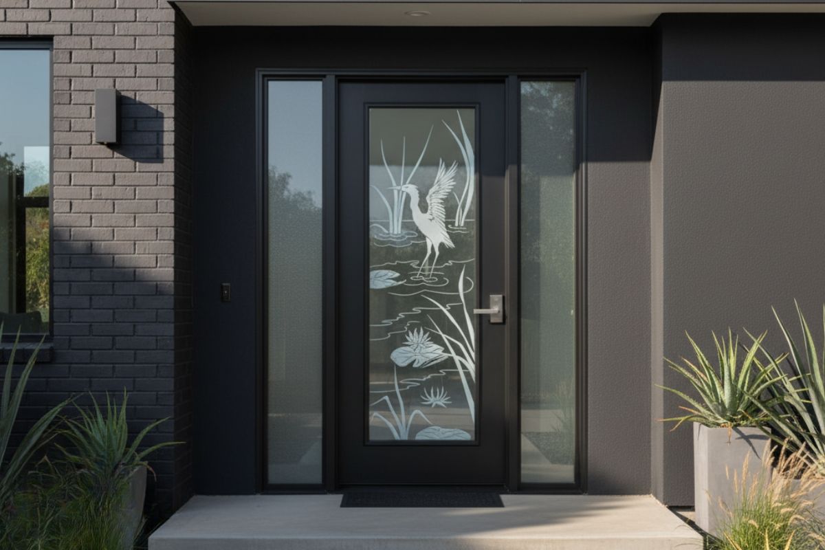 Modern black exterior door with frosted glass crane design framed by side windows and dark brick walls, adding elegance to the entryway.