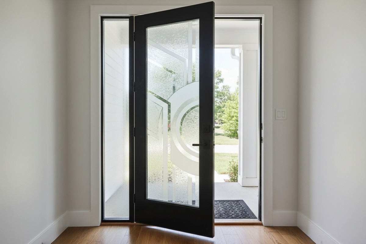 Modern black front door with frosted glass design featuring geometric circles and lines, shown partially open in a bright entryway with wood flooring and a view of the green yard outside.
