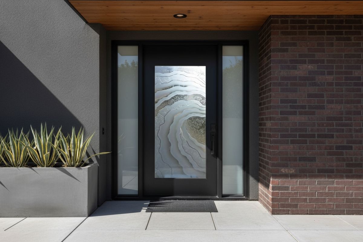 Modern black front door with frosted glass featuring a layered wave design, framed by sidelights in a contemporary entryway with brick and stucco walls and desert landscaping.