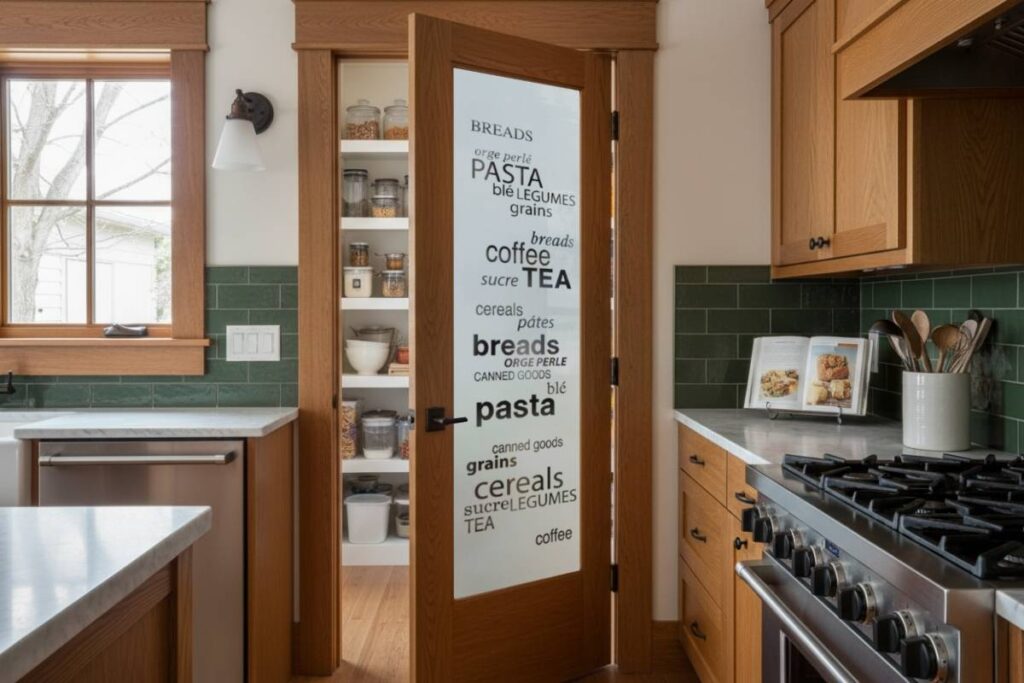 Rustic kitchen with a wood-framed frosted glass pantry door etched with pantry goods typography, swinging outward into the kitchen for maximum storage inside the pantry.