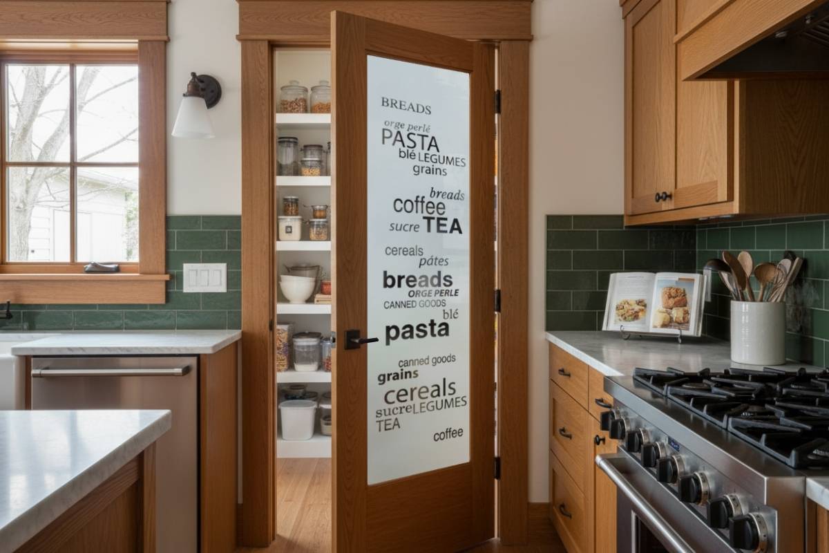 Rustic kitchen with a wood-framed frosted glass pantry door etched with pantry goods typography, swinging outward into the kitchen for maximum storage inside the pantry.