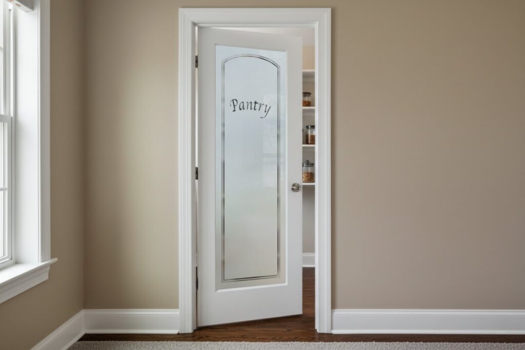 Traditional pantry door with frosted glass etched in an arched border and the word “Pantry,” swinging inward into the storage space to keep the hallway clear.