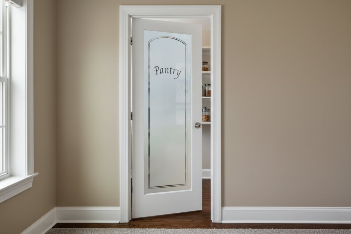 Traditional pantry door with frosted glass etched in an arched border and the word &ldquo;Pantry,&rdquo; swinging inward into the storage space to keep the hallway clear.