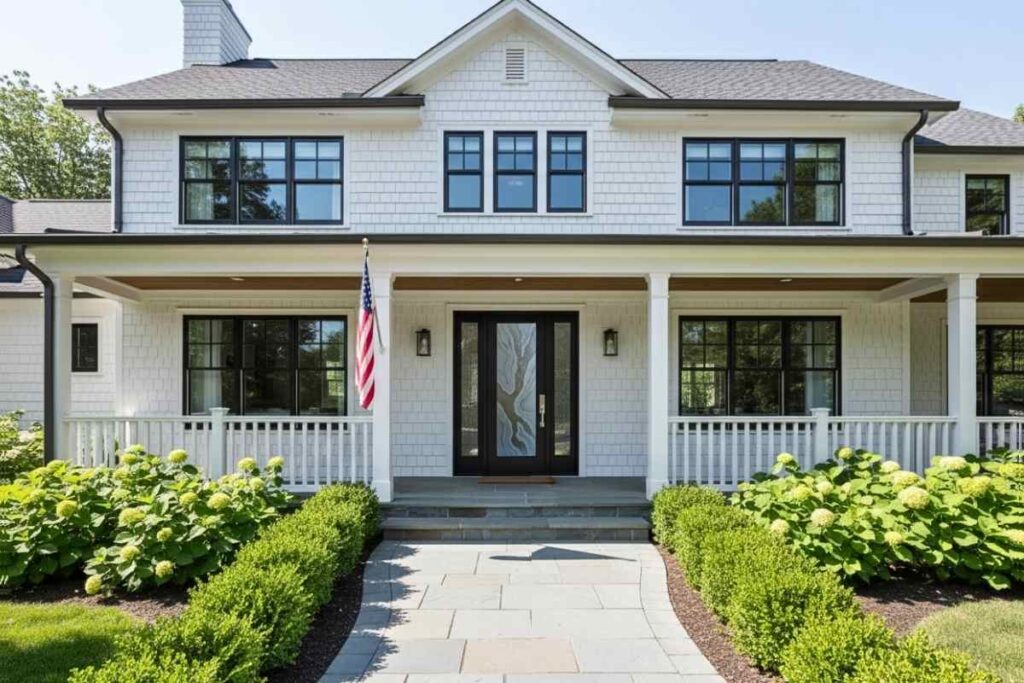 Front entry door with sidelights on both sides, creating a wide and inviting look that enhances curb appeal from the street.