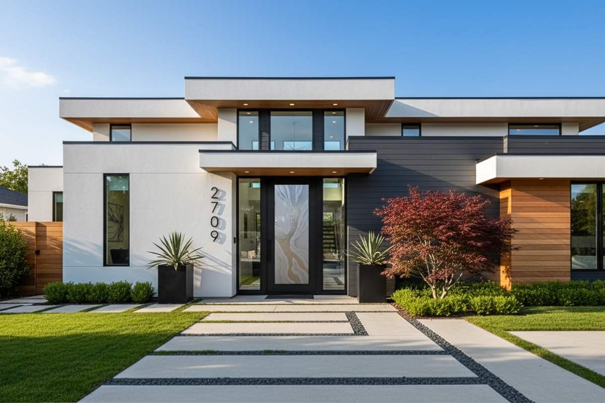 Contemporary home with a sleek black exterior front door showcasing artistic frosted glass, a premium handcrafted entry paired with modern architecture, wood accents, and landscaped stone pathways.